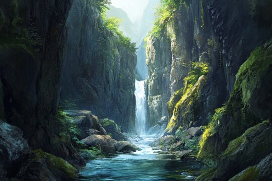 Lush mountain gorge with waterfall - Powered by Adobe