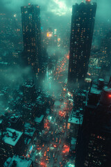 city at night experiencing a blackout, tall skyscrapers with dark windows, abandoned cars on the streets, post-apocalyptic feeling