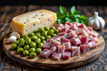 Wooden cutting board with Habas con Jamon, fava beans with ham, green peas, and garlic cloves. Concept of delicious Habas con Jamon highlighting vibrant ingredients.
