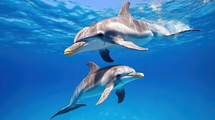 Obraz premium Two Dolphins Swimming in Ocean, Underwater Wildlife