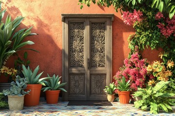 Naklejka premium Ornate wooden door of a terracotta colored home surrounded by lush foliage.