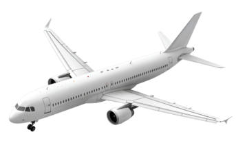 Realistic white airplane flying, isolated on a transparent background