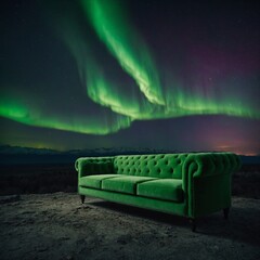 A neon green velvet sofa under swirling aurora skies.