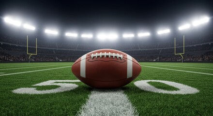 American Football on the Fifty Yard Line at Night Stadium under Bright Lights