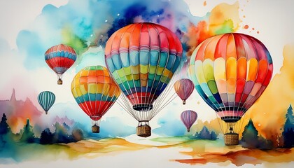 hot air balloons in colorful watercolor illustration generative ai