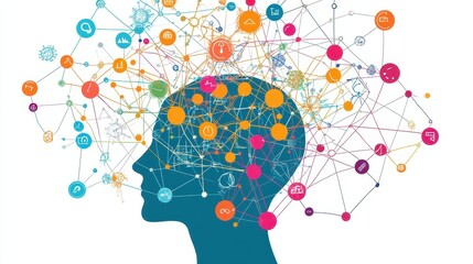 A creative mind map chart clipart, brainstorming process element, colorful connected nodes, flat design, isolated on white background.