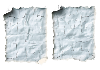 Two white rectangular empty paper sheets, ripped off, on a transparent background