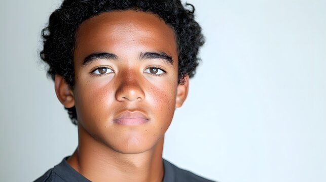 Close-up portrait of a serious teenage boy with dark curly hair and brown eyes. He has a thoughtful expression and tan skin. The background is a soft, light gray.