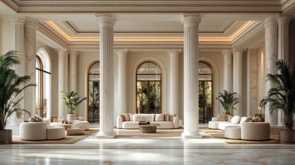 Obraz premium Luxurious, elegant mansion lobby with columns, modern furniture, and greenery