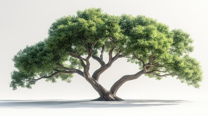 Obraz premium Lush green tree with twisted trunk on white background, ideal for eco concepts