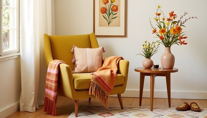 A mustard yellow armchair sits in a sunlit room, adorned with a striped cushion and a fringed throw.  A small side table holds vases of vibrant autumnal flowers.
