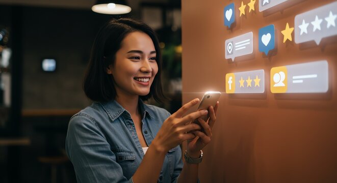 Woman Using Smartphone with Digital Feedback Icons Overlay