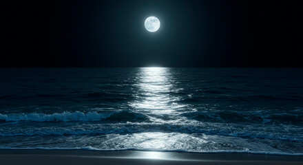 A full moon shining brightly over a dark ocean with waves reflecting the moonlight on the water surface