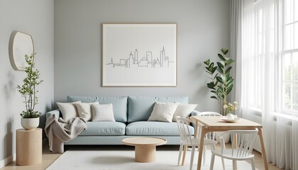 A light and airy living room features a pale blue sofa, wooden coffee table, and city skyline artwork, creating a calm and inviting atmosphere.