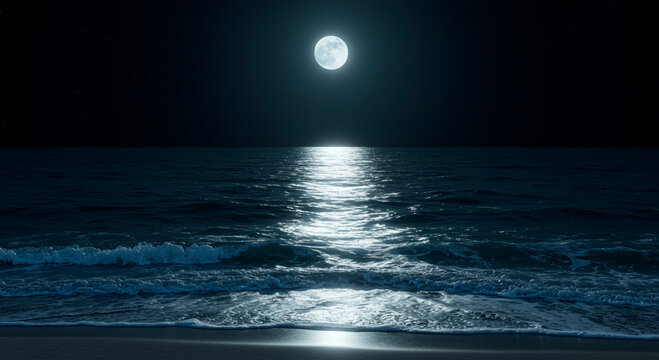 A full moon shining brightly over a dark ocean with waves reflecting the moonlight on the water surface
