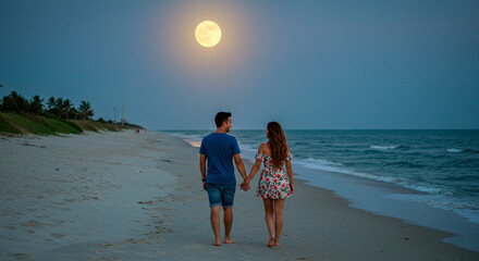 A couple walking hand in hand on a beach under a full moon in the night time romantic scene view