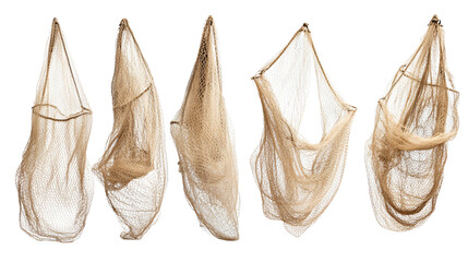 Five Beige Fishing Nets in Various Poses Isolated on White Background