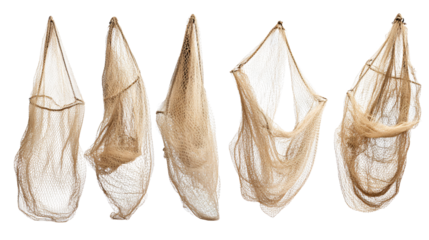 Five Beige Fishing Nets in Various Poses Isolated on White Background