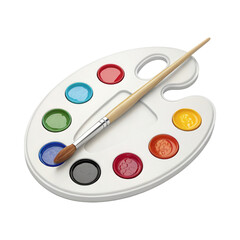 A paint palette with multiple colors and a wooden paintbrush placed across it.