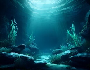 Fototapeta premium dark teal underwater 3d illustration rocks frame a mysterious dimly lit deep ocean scene with subtle aquatic plants at the base