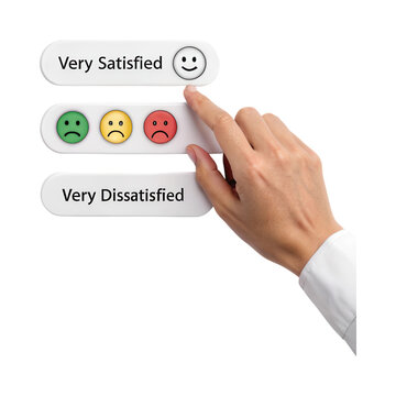 A hand selects the "Very Satisfied" option with a smiling face from a satisfaction rating scale.