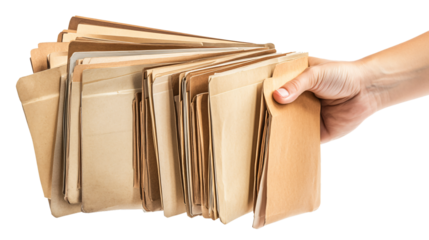 Hand Holding Manila File Folders on Transparent Background