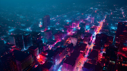 Obraz premium Aerial view of an urban cityscape bathed in neon light revealing glowing pathways and illuminated buildings