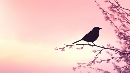 Silhouetted bird perched on blossoming branch at dawn.
