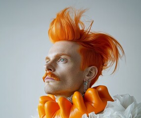 Stylish man with vibrant orange hair and a mustache, wearing a sculptural rubber collar, photographed in a professional studio for a contemporary fashion magazine feature.