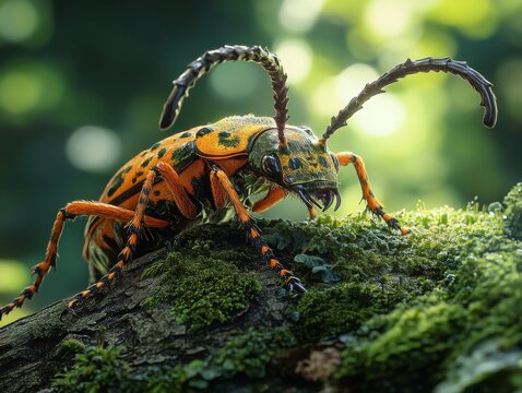 A Curious Calligrapha: A Macro View of a Striking Longhorn Beetle on a Mossy Branch in a Lush Green Habitat, Showcasing Nature's Intricate Details