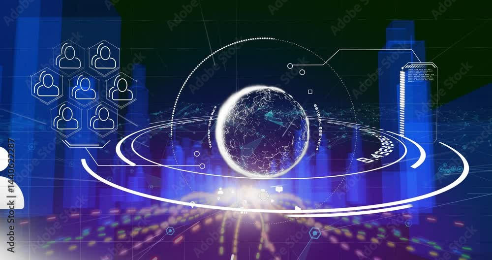 Poster holographic network globe floating center, rotating rings showcasing avatar hexagons and data bars