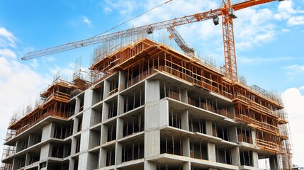 Construction site with cranes and building under construction.