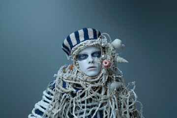 Surreal image of a pale man with white makeup and blue stripes, wearing a sailor hat and a costume made of ropes, shells, and pearls, set against a gray background with high contrast.