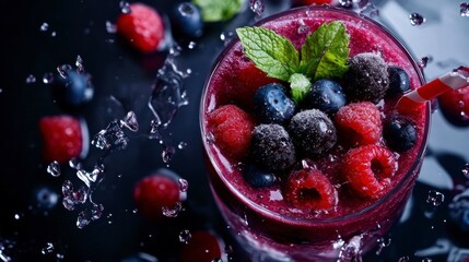 Vibrant Berry Smoothie Splash Close up of Raspberries, Blueberries and Blackberries