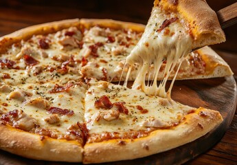 Deliciously Cheesy Pizza with Melted Cheese and Savory Toppings on a Wooden Serving Board Ready to Serve for a Tasty Meal or Gathering