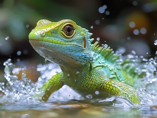 Fototapeta premium Green Water Dragon Ascending, a vibrant close-up captures the reptile emerging from water, showcasing its intricate scales and captivating eye amidst a splash of refreshing droplets.
