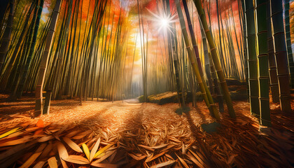 Bamboo Forest in Autumn's Embrace: The image encapsulates a tranquil autumn scene within a bamboo forest, where golden sunlight filters through the towering bamboo stalks, casting long.
