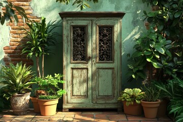 Aged green cabinet surrounded by lush plants and terracotta pots.