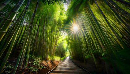 Sunlit Path through Bamboo Forest: A serene pathway leads through a dense grove of tall, green bamboo stalks, the sunlight filtering through the leaves creating a breathtaking, peaceful scene. 
