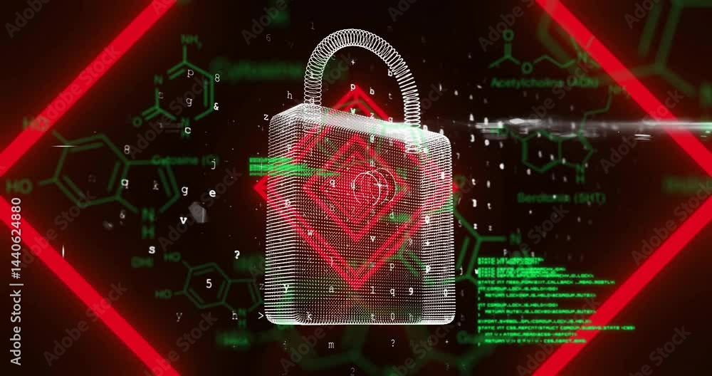Poster wireframe padlock with red shield floating over dark ui, showing green code and molecule diagrams