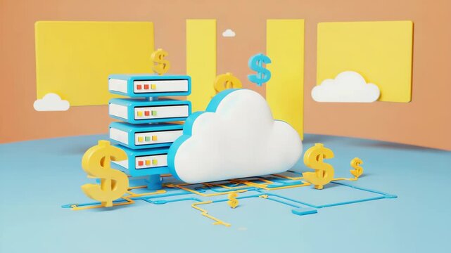 A stylized cloud with servers and dollar signs represents cloud computing costs and data storage expenses.