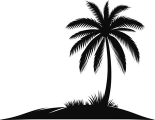 Palm tree black outline icon.Tropical sandy beach .Ocean beach landscape flat black icon . Holiday and summer vacation concept . Vector seascape with palm trees. Seashore background.