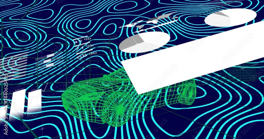 Poster green wireframe car model moving through cfd flow over dark grid with cyan streamlines and charts
