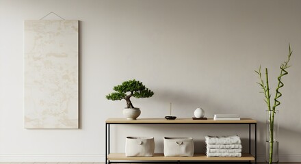 Serene minimalist living room with a bonsai tree, bamboo, and neutral decor.  A calming and peaceful atmosphere.
