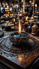 Elegant Traditional Candle on Ornate Table with Soft Glow in a Warm Atmosphere of a Cozy Setting