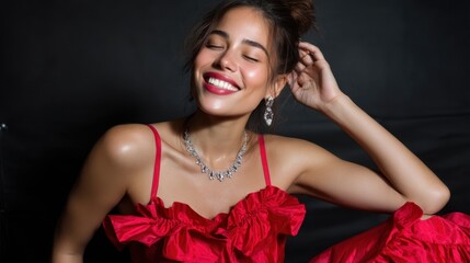 Obraz premium Elegant young woman smiling with jewelry in glamorous red dress against black background