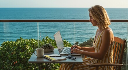 Woman working on a laptop on a balcony overlooking a beautiful ocean view. Vacation work