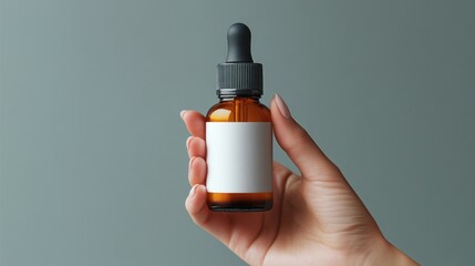 Hand holding amber glass bottle with dropper and blank label against gray background.