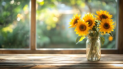 Sunlit Sunflowers in Jar on Windowsill