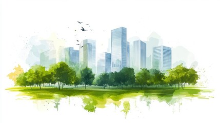Obraz premium Watercolor Cityscape with Lush Green Park